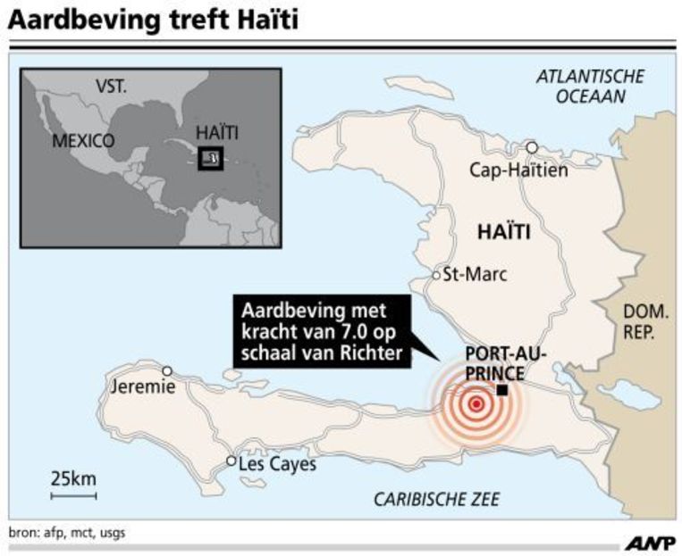De kaart van Haïti met de locatie van de aardbeving. ANP Beeld 
