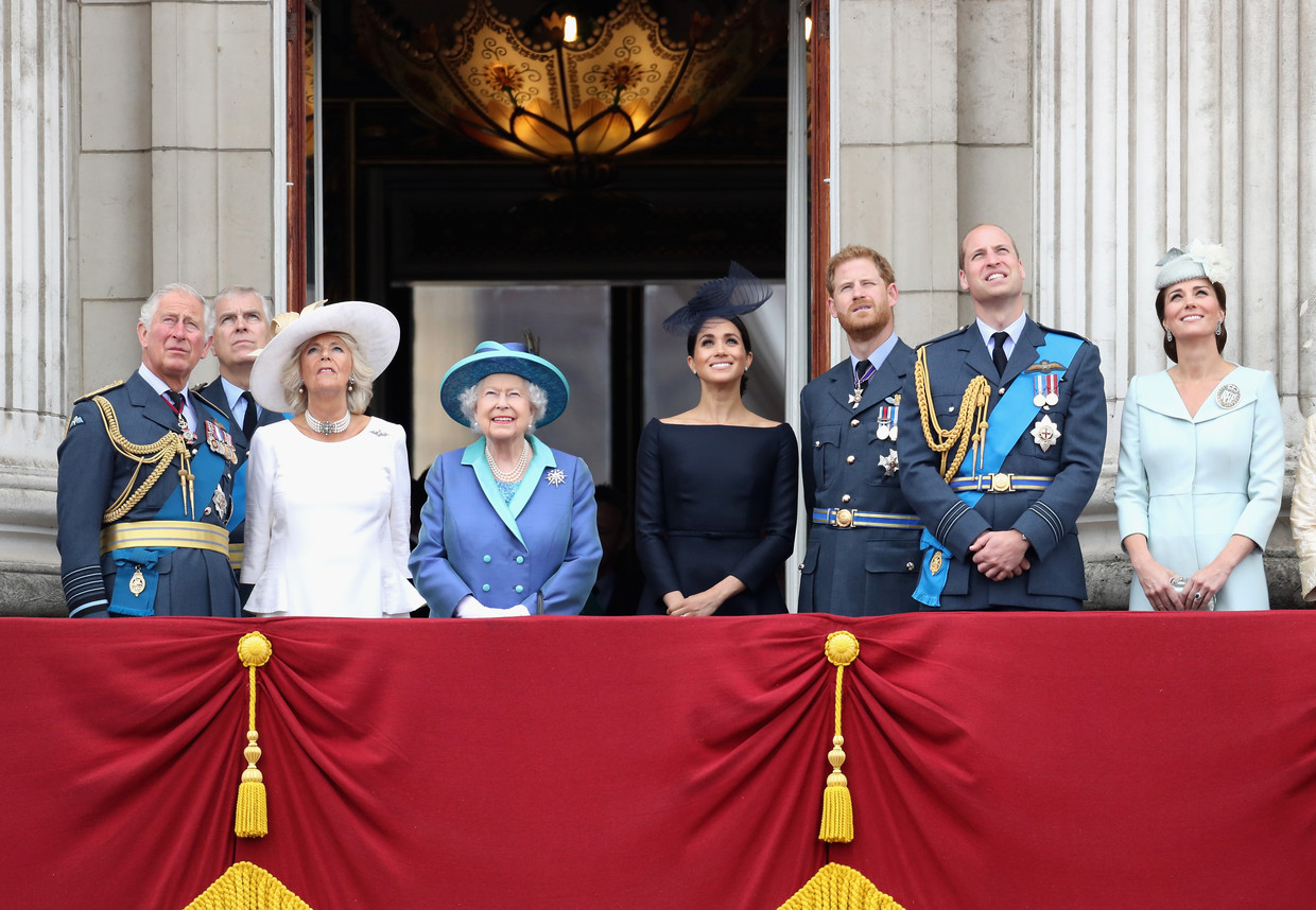 De koninklijke familie verenigd op het bordes, juli 2018, tijdens de viering van honderd jaar RAF. Beeld Getty Images