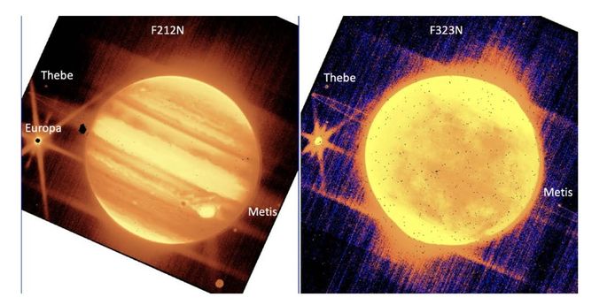 De opname links is gemaakt door de JWST Near-Infrared Camera met een filter dat korte golflengtes belicht. De afbeelding rechts is gemaakt met een filter dat lange golflengten belicht.