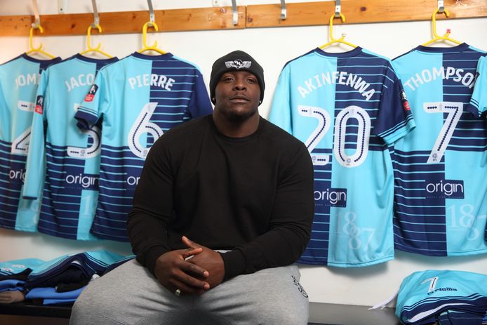 HIGH WYCOMBE, ENGLAND - JANUARY 26:  Adebayo Akinfenwa of Wycombe Wanderers poses for a portrait during Wycombe Wanderers Media Access at the Wycombe Wanderers FC Training Ground on January 26, 2017 in High Wycombe, England.  (Photo by Jordan Mansfield/Getty Images)