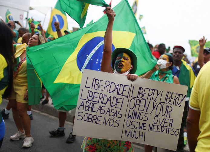 Beeld van een protest van aanhangers van Bolsonaro in Rio de Janeiro.