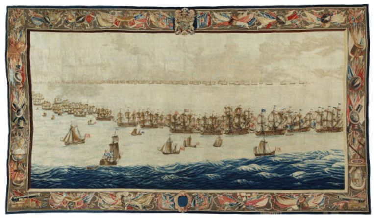 Het grootste doek met als titel ‘The Fleets drawn up for Battle’. De vloot ligt klaar voor de slag bij Solebay. Beeld Het Scheepvaartmuseum