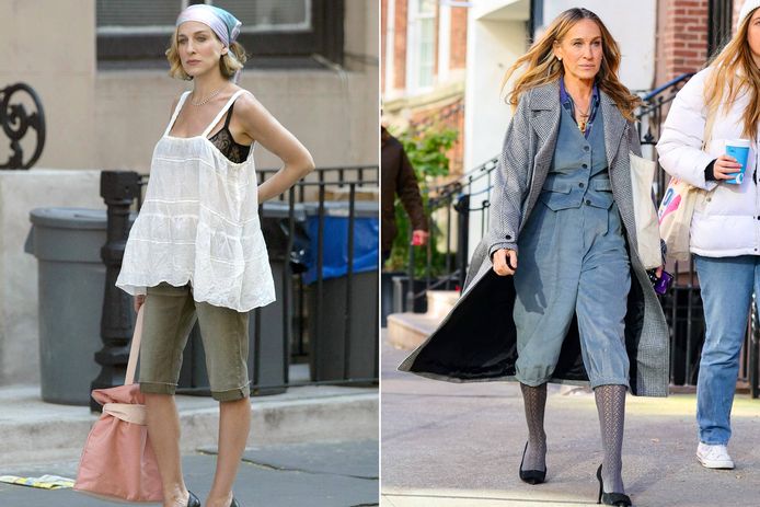 Links: Sarah Jessica Parker in 'Sex and the City'. Rechts: Sarah Jessica Parker in 'And Just Like That...'