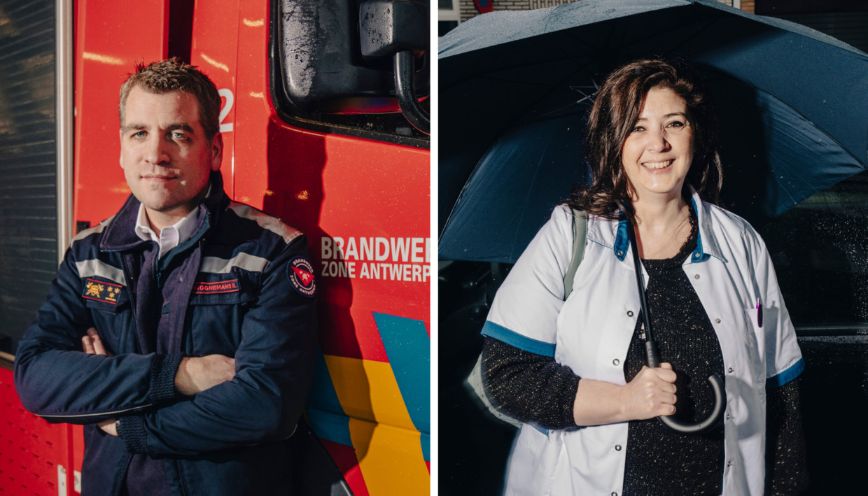 Bert Brugghemans, brandweercommandant zone Antwerpen, en freelanceverpleegkundige Pinar Akbas. Beeld Stefaan Temmerman
