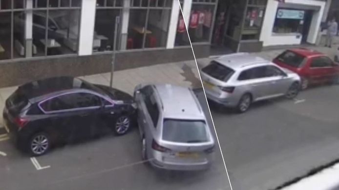Wagen botst tegen twee auto's tijdens een s-parkeermanoeuvre.