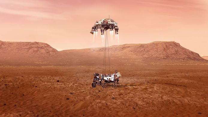 Artist impression van de landing van het Amerikaanse Marskarretje Perserverance, dat, als alles goed gaat, donderdag 17 februari met de wielen het Marsstof zal raken.