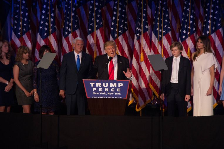 Donald Trump tijdens zijn overwinningsspeech.  Beeld Photo News