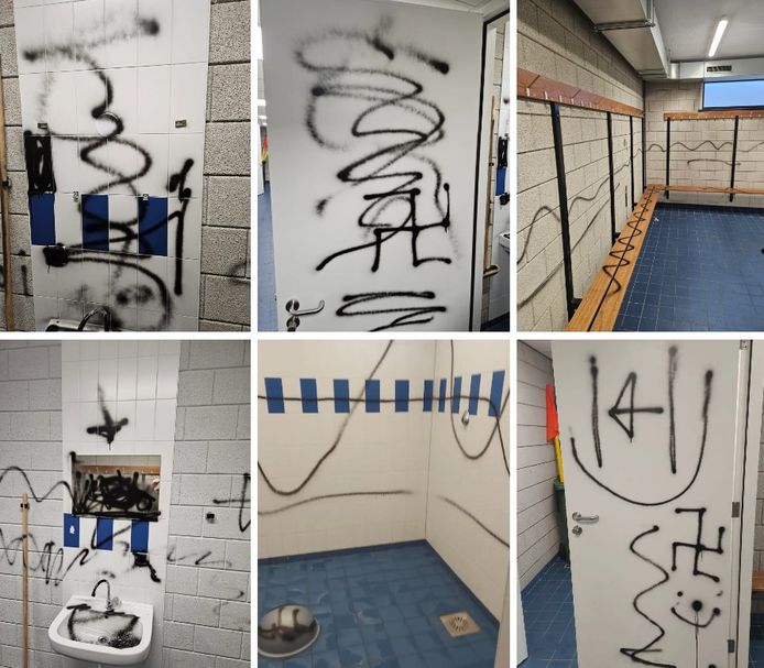 De bekladdingen in de kleedkamers van voetbalclub Veensche Boys uit Nijkerkerveen.