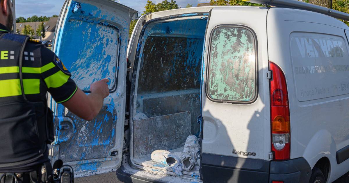 Blauwe verf ontploft in laadruimte van bestelbus door botsing tegen boom in Breda.
