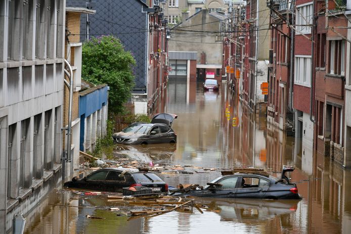 Dégâts causés par les inondations à Liège après les fortes pluies de ces derniers jours, vendredi 16 juillet 2021.