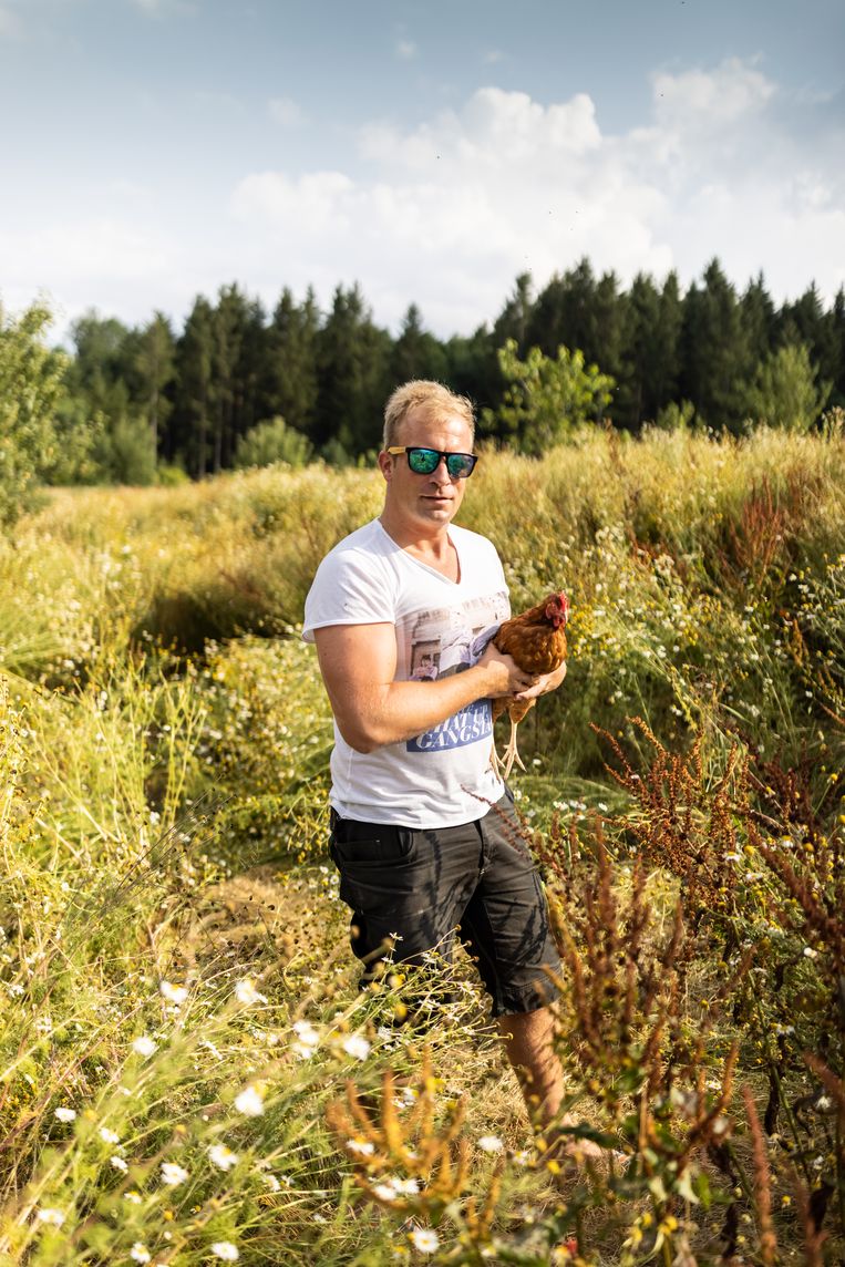 Christoph Holzbauer van Biohof Holzbauer. Zijn biokippen leggen wekelijks 70.000 eieren. ‘Ze hebben hier ruimte zat.' Beeld Julius Schrank