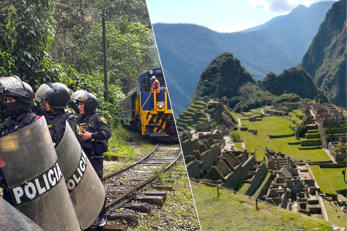 Politie bewaakt de spoorweg nabij Inca-nederzetting Machu Picchu in Peru.