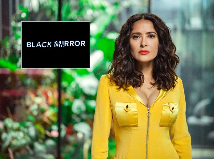 Beeld uit het zesde seizoen van Black mirror, waar actrice Salma Hayek in speelt. Het nieuwe seizoen van Black mirror is vanaf vandaag te zien op Netflix.