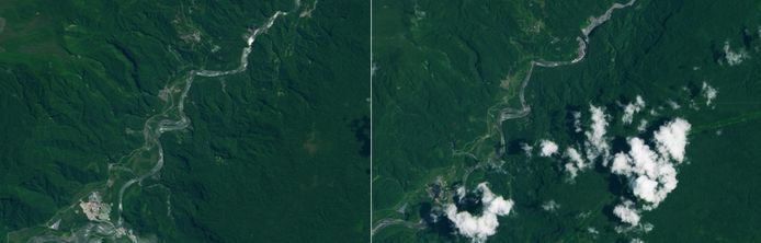 Twee NASA-foto's tonen het droogvallen van de San Rafael-waterval (het witte vlekje rechtsboven in de rivier op de foto's). De foto links is van 4 augustus 2014. De foto rechts van 13 maart 2020.