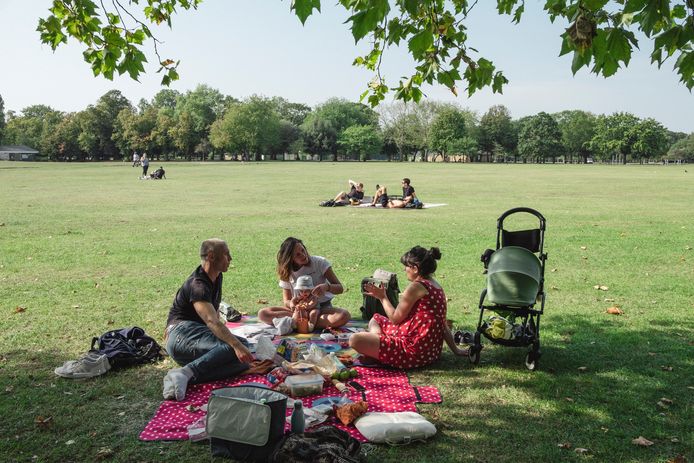 Britten genieten van het mooie weer in het park en houden zich aan de Rule of Six.