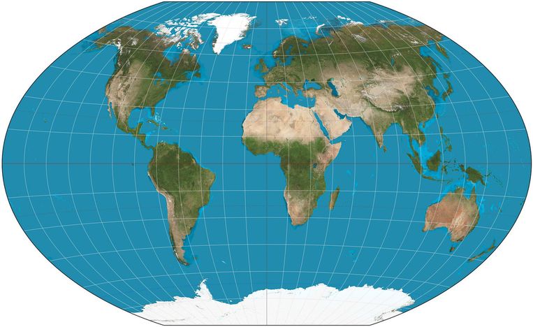 De Winkel-tripelprojectie, in 1921 ontwikkeld door Oswald Winkel, is naast de Mercator een veelvoorkomende kaart in atlassen. Winkels kaart is niet kloppend qua oppervlakte, hoek of afstand, maar bindt in plaats daarvan op alle drie de vlakken een beetje in - vandaar de naam 'tripel'. Beeld Daniel R. Strebe