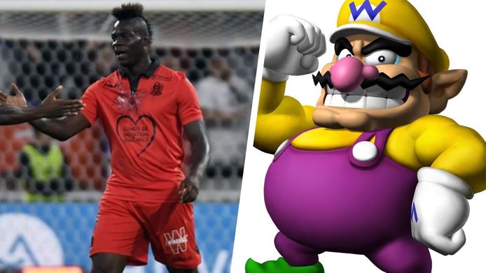 Links: Balotelli, met buikje, in het shirt van Nice tegen Lyon. Rechts: 'Super Wario'.