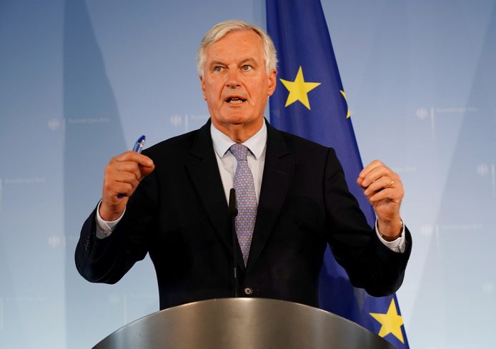 EU-hoofdonderhandelaar Michel Barnier vandaag tijdens een persconferentie in Berlijn.