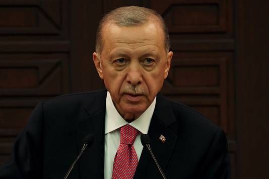 De Turkse president Recep Tayyip Erdogan. Turkije probeert een bemiddelende rol te behouden tussen Kiev en Moskou.