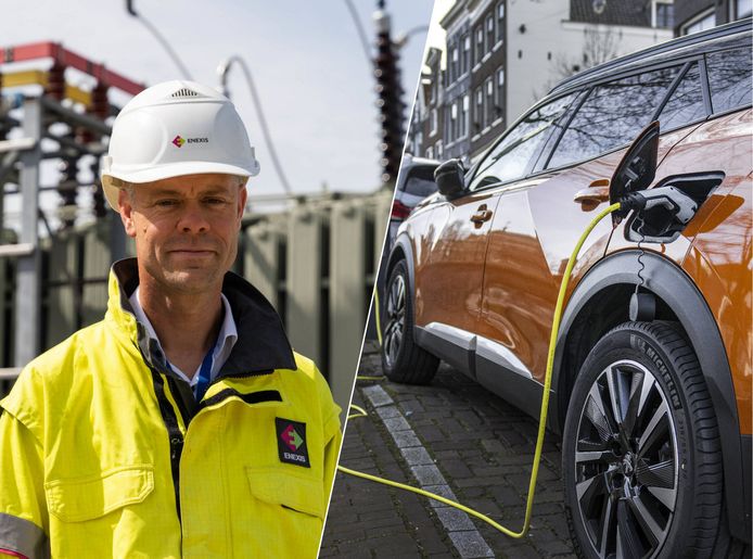 Links Han Slootweg van netbeheerder Enexis, rechts een elektrische auto in het centrum van Amsterdam.