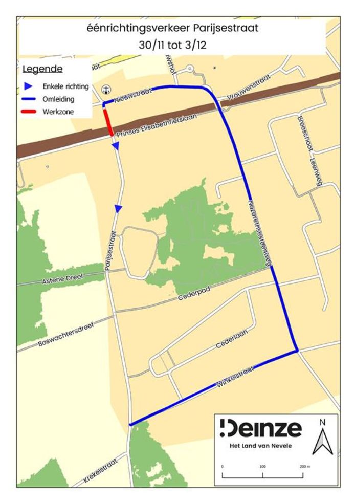 In de Parijsestraat in Astene wordt tijdelijk eenrichtingsverkeer ingevoerd.