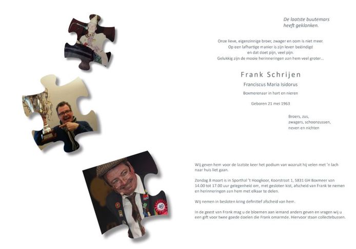 Herdenkingskaart Frank Schrijen.