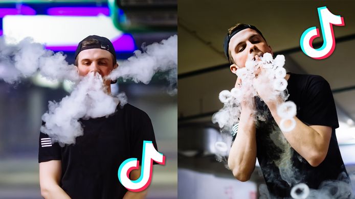 Een jongere doet trucjes met een e-sigaret, zoals in veel video's op TikTok te zien is.