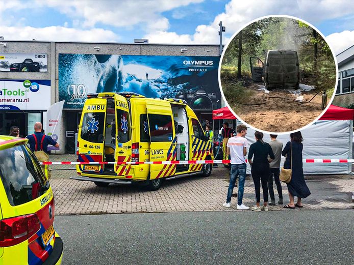 Na de overval schoten politie, ambulance en brandweer te hulp bij de vestiging van Cameratools in Apeldoorn. De vermoedelijke vluchtauto werd uitgebrand teruggevonden in een bos.