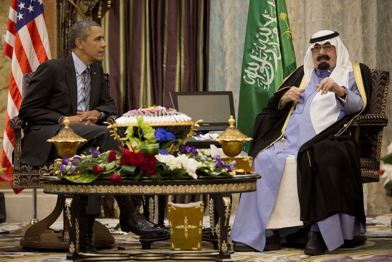 De Amerikaanse president Barack Obama met koning Abdullah op 28 maart 2014. Beeld ap