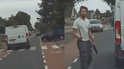 Nederlandse wegpiraat doet gevaarlijk inhaalmanoeuvre en bedreigt andere bestuurder met mes