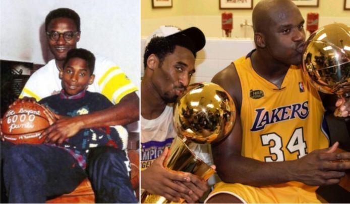 Links: Kobe Bryant met vader Joe, rechts: Bryant en Shaquille O’Neal na hun eerste NBA-titel.