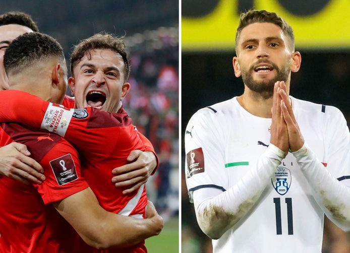 Xherdan Shaqiri jubelt, Domenico Berardi (rechts) treurt.