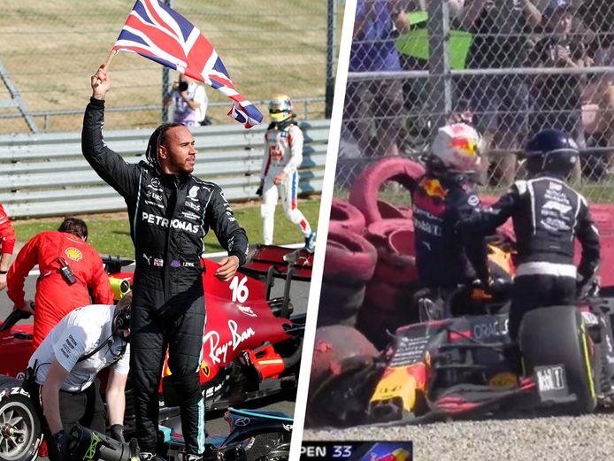 Hamilton na zijn zege en de crash van Verstappen.