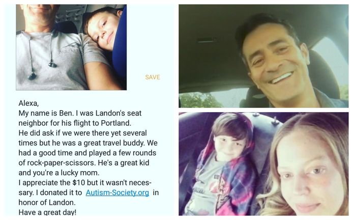 Na de landing ontving mama Alexa deze selfie met een hartverwarmende boodschap over Landon (7). Foto rechtsboven: Ben Pedraza.