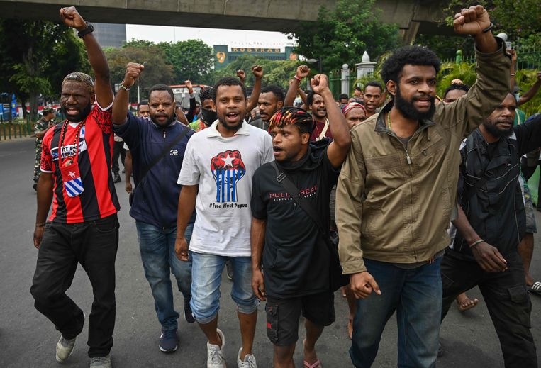Papoea’s tijdens een demonstratie woensdag in Jakarta. Beeld AFP