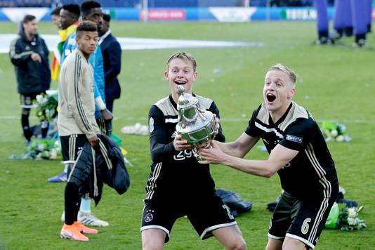 Frenkie de Jong en Donny van de Beek tonen de KNVB-beker aan de Ajax-fans na de winst in 2019.