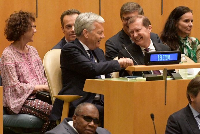 Minister van Buitenlandse Zaken Didier Reynders (MR) ontvangt felicitaties na de verkiezing van België tot tijdelijk lid van de VN-Veiligheidsraad.