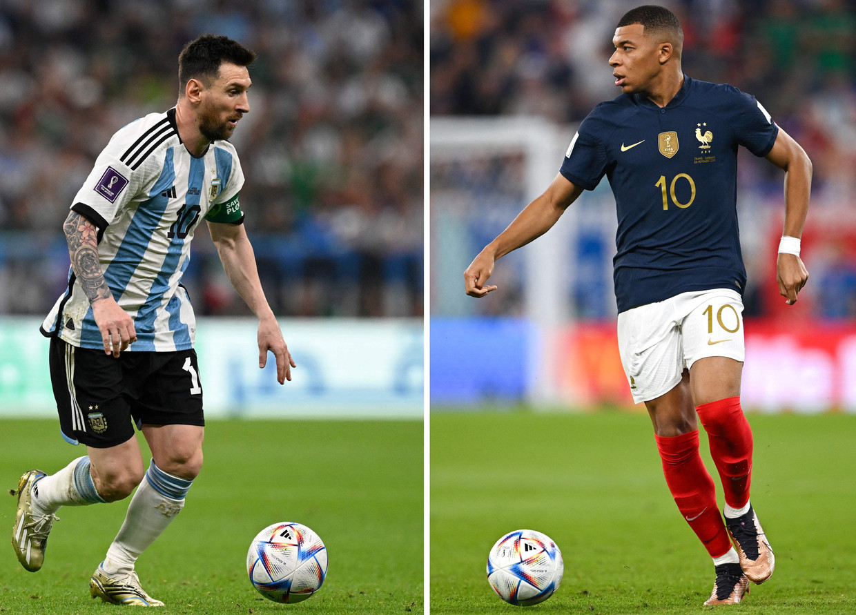 Het grote duel in de WK-finale: Lionel Messi versus Kylian Mbappé. Beeld AFP