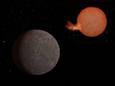 De nieuwe planeet 'Speculoos-3 b’ (links) draait rond een gelijknamige dwergster (rechts).