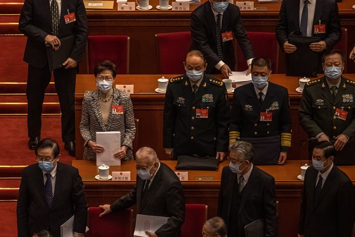Carrie Lam, de premier van Hongkong, vandaag op het Chinese Volkscongres in Peking.