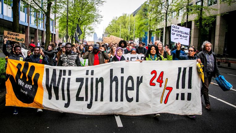 Actiegroep We Are Here tijdens een demonstratie in Amsterdam. Beeld ANP