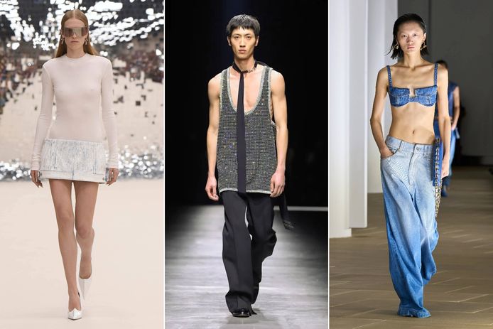 V.l.n.r.: modeshows voor lente 2024 van Acne Studios, Gucci en Dion Lee.