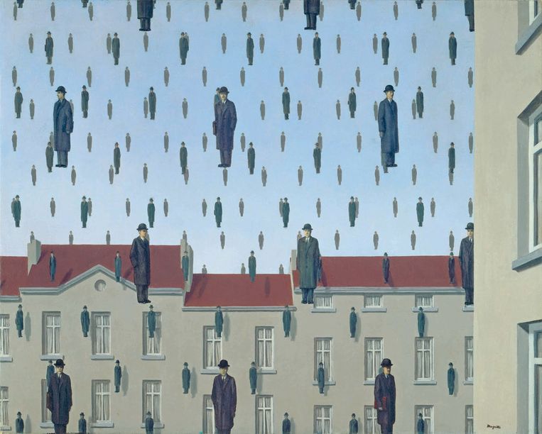'Golconda' van René Magritte (1953), een van zijn vele bekende schilderijen.  Beeld rv