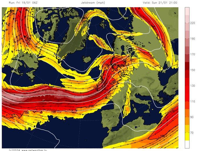 De komende dagen is de straalstroom erg actief en bereikt deze windsnelheden tot tussen 240 en 280 kilometer per uur. Een sterke straalstroom staat bij ons garant voor onstuimig weer met veel wind.