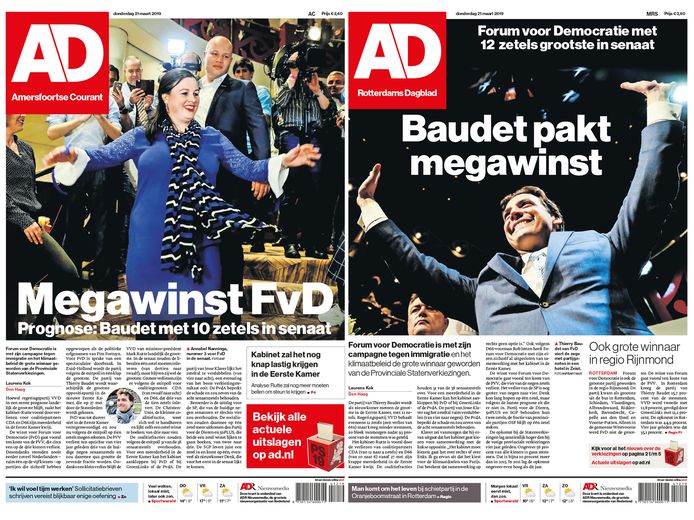 Links de voorpagina die lezers van de Amersfoortse Courant onder ogen kregen, rechts de voorpagina voor de Rotterdamse lezers