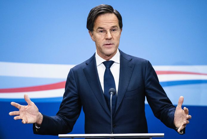 Minister-president Mark Rutte tijdens een persconferentie.