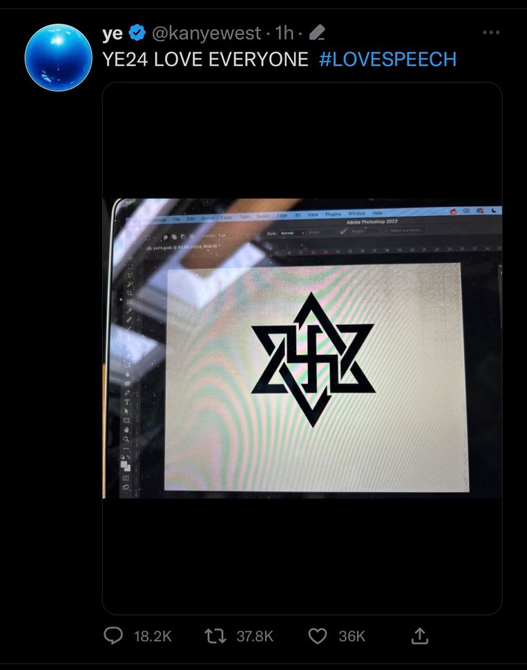 Ye goot ijn liefde voor Joden én nazi’s in één symbool en werd meteen weer van Twitter gekegeld door Elon Musk Beeld Twitter