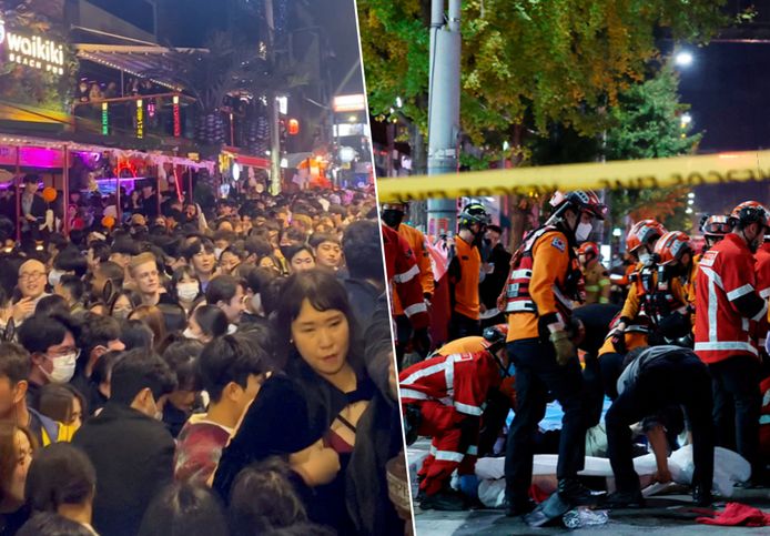 Foto's van eerder op de avond tonen hoe druk het was tijdens het festival. Rechts: hulpverleners gingen massaal ter plaatse.