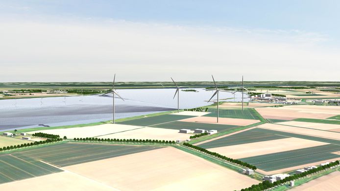 Artist impression van de vier toekomstige windmolens in de Karolinapolder bij Dinteloord.