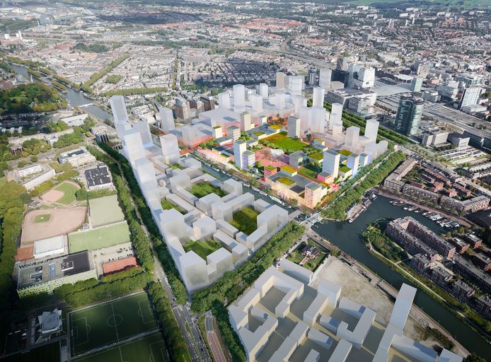 Een impressie van de toekomstige Jaarbeurs, met park op het dak en terrassen langs het Merwedekanaal, een masterplan van Winy Maas (MVRDV.